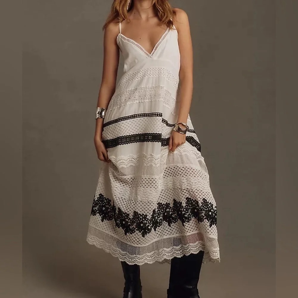 Anthropologie White Lace Midi Dress with Black Trim